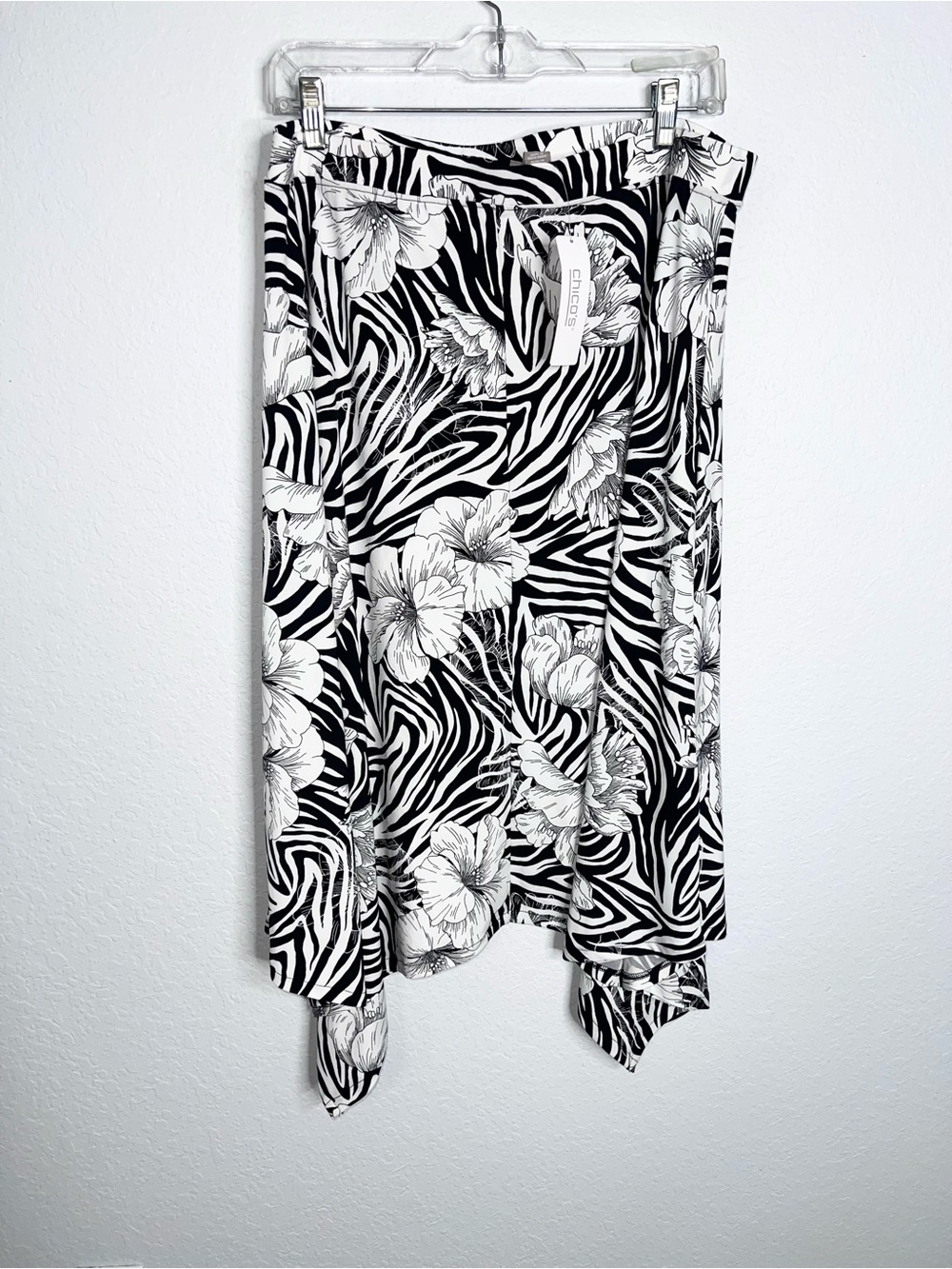 Chico's Zebra Skirt Womens Large 12 2 Handkerchief Hem Floral Maxi C5